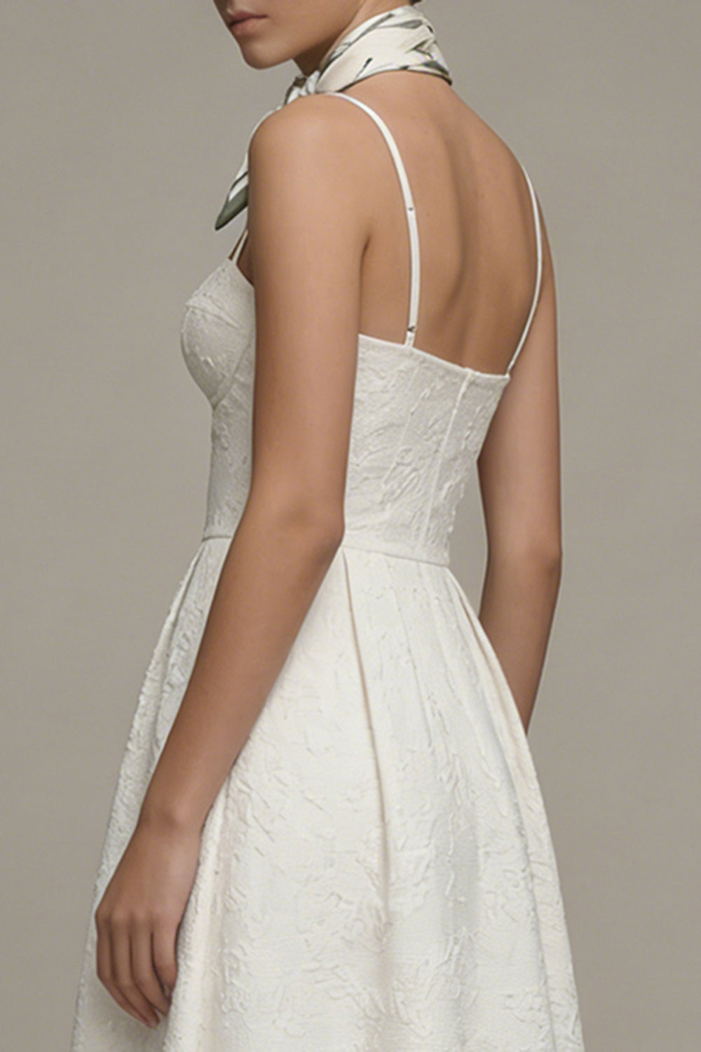 Ivory Spaghetti Straps A-Line Jacquard Midi Engagement Dress