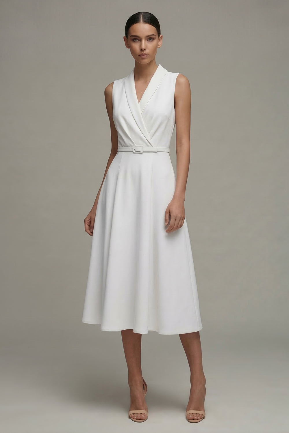 White V-Neck Sleeveless Ruched A Line Midi Work Dress