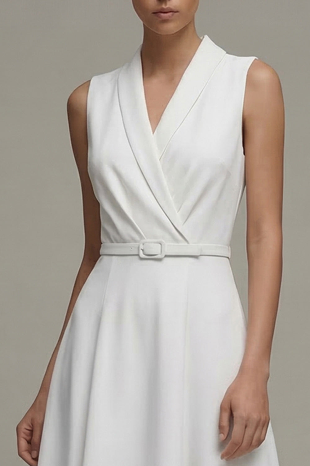 White V-Neck Sleeveless Ruched A Line Midi Work Dress