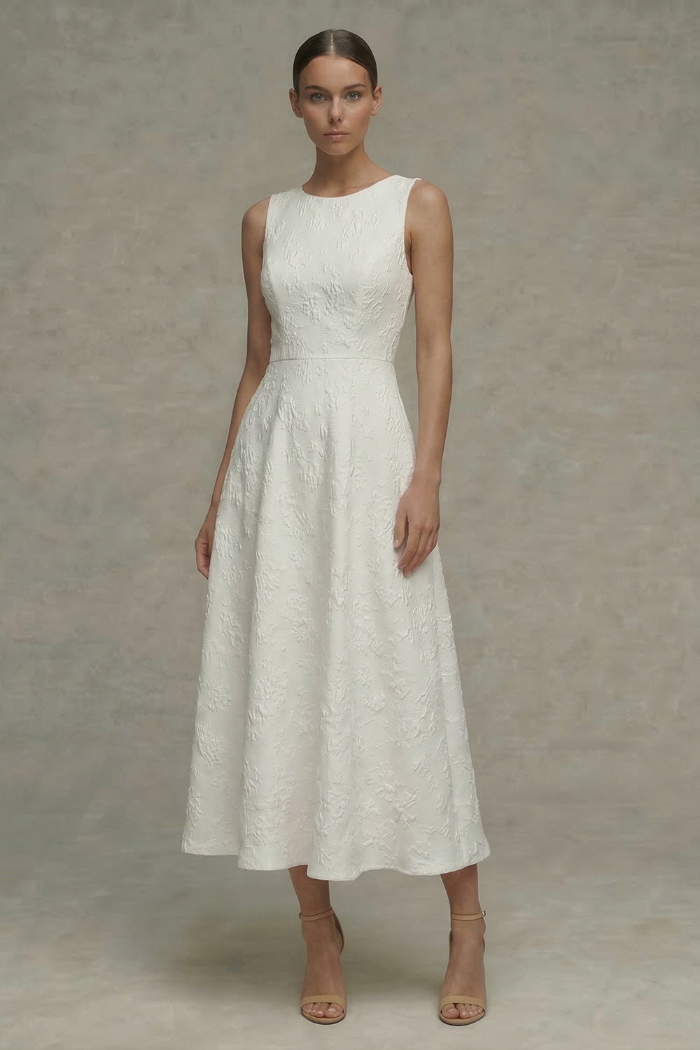 White Round Neck Jacquard A Line Engagement Dress
