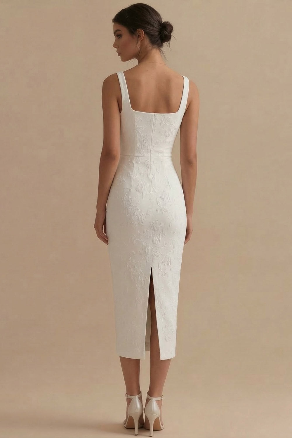 White Square Neck Jacquard Sheath Engagement Dress
