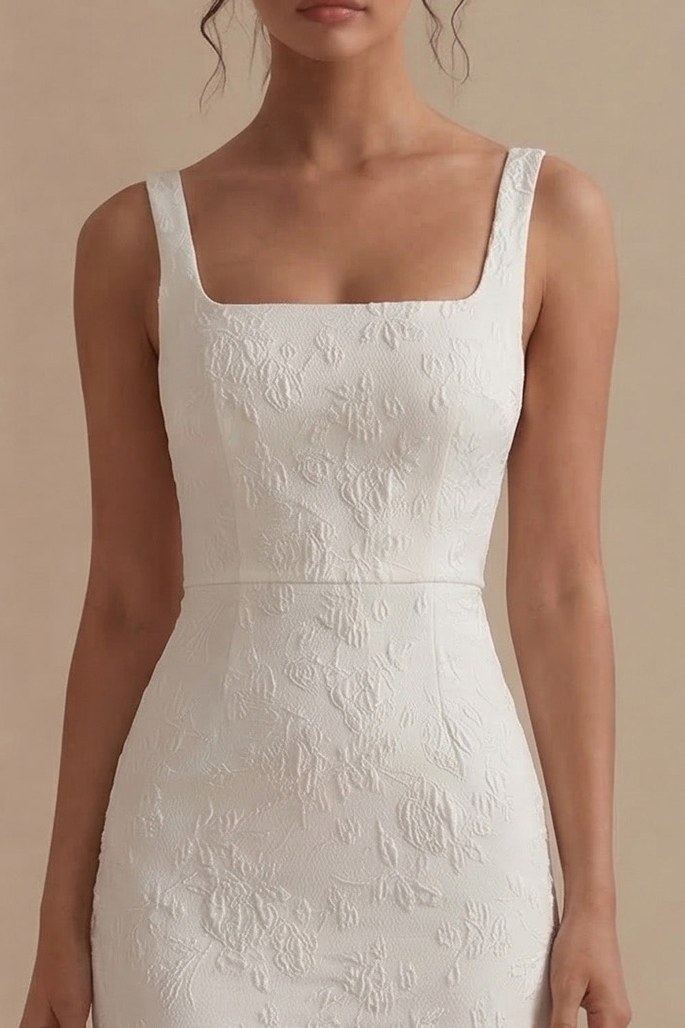 White Square Neck Jacquard Sheath Engagement Dress
