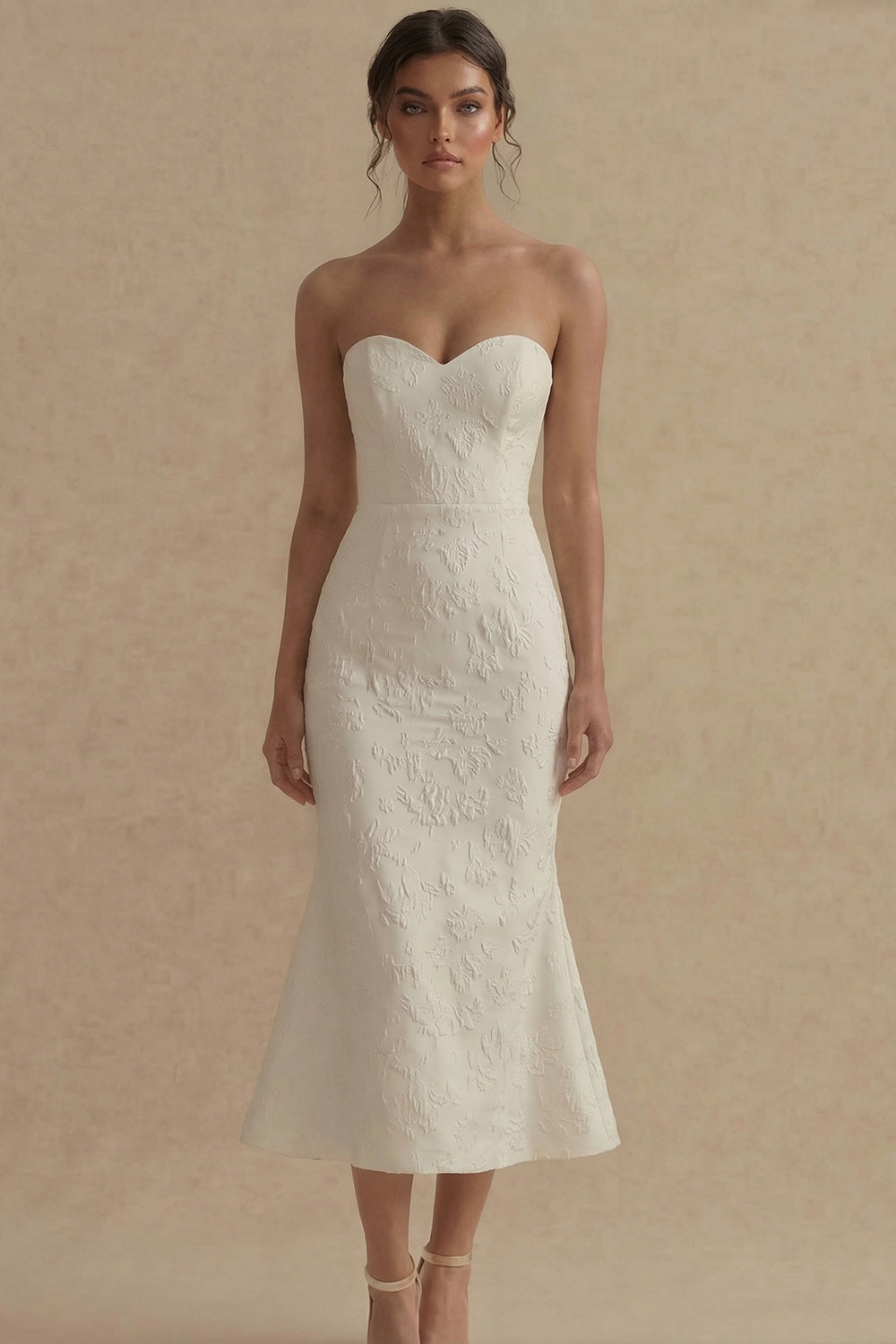 Strapless Jacquard White Mermaid Midi Engagement Dress