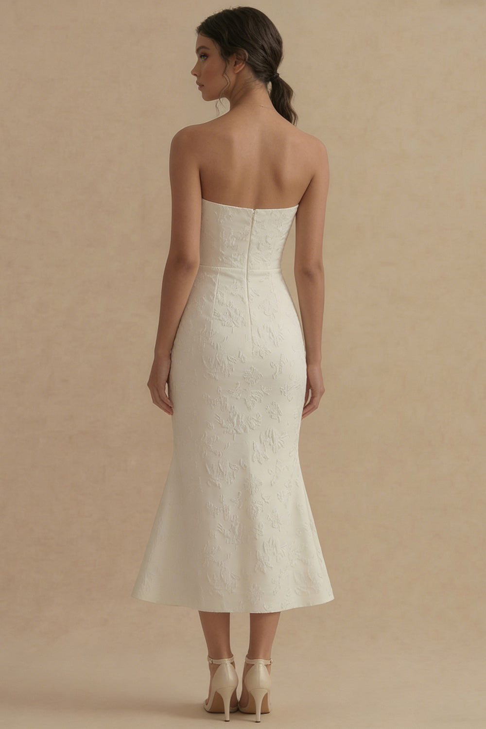 Strapless Jacquard White Mermaid Midi Engagement Dress