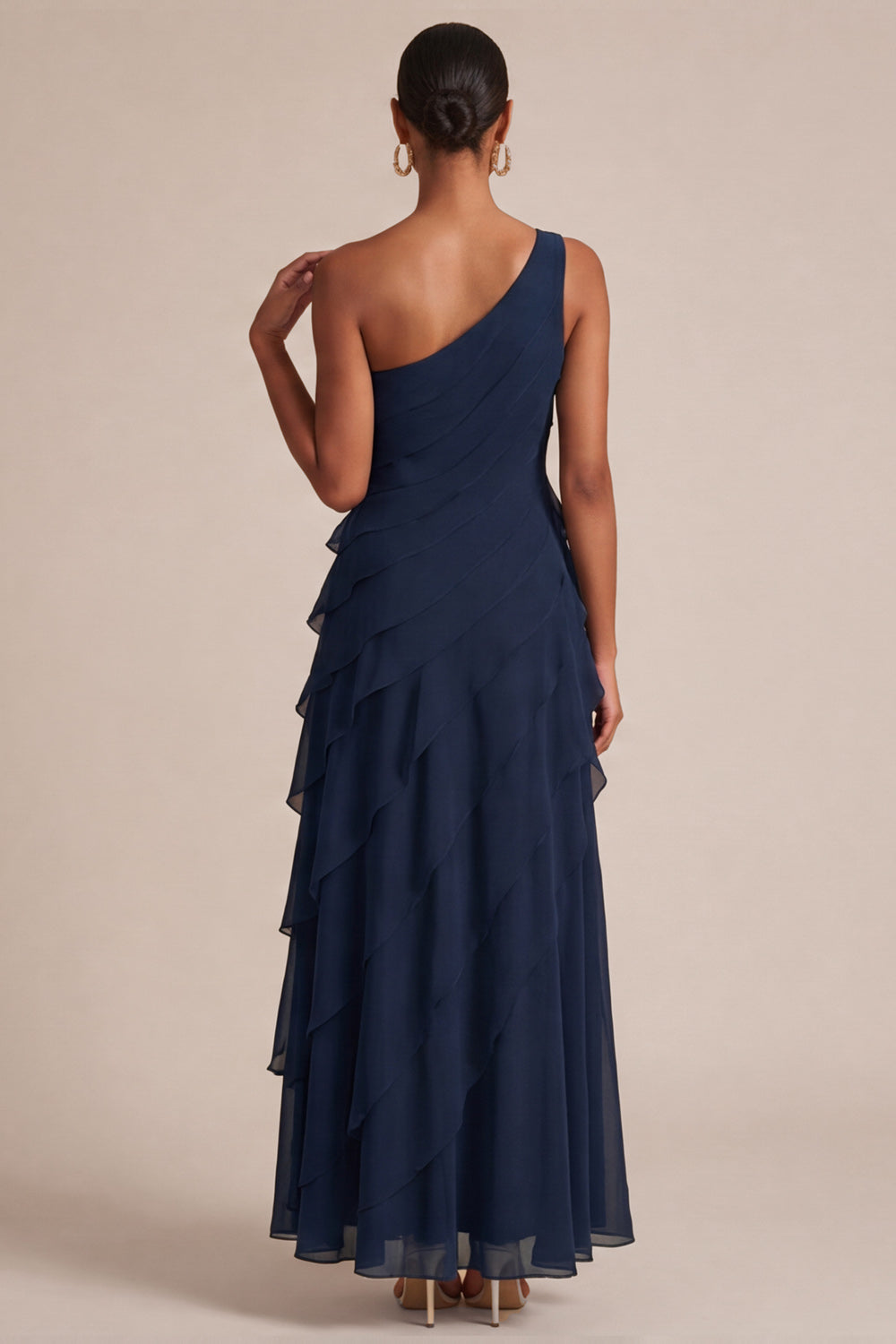 Navy One Shoulder A Line Long Wedding Guest Dress with 3D Flower