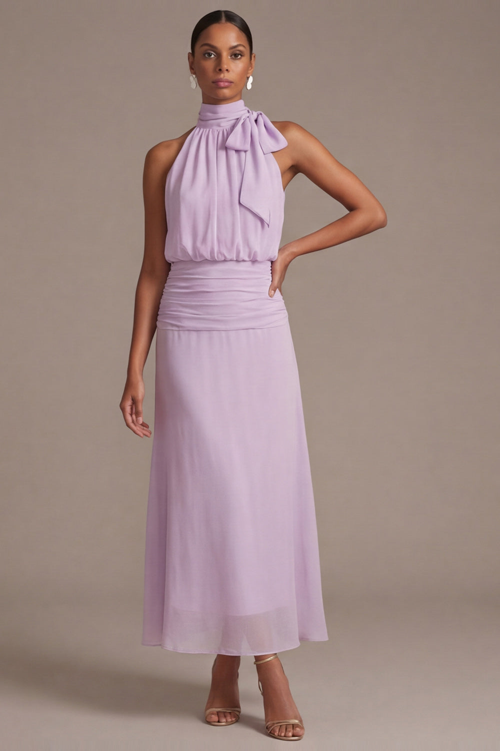Robe Longue de Demoiselle d'Honneur Dusty Rose à Fleurs avec Nœud et Coupe Évasée