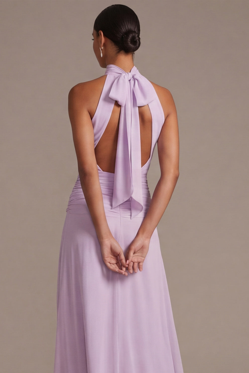 Robe Longue de Demoiselle d'Honneur Dusty Rose à Fleurs avec Nœud et Coupe Évasée