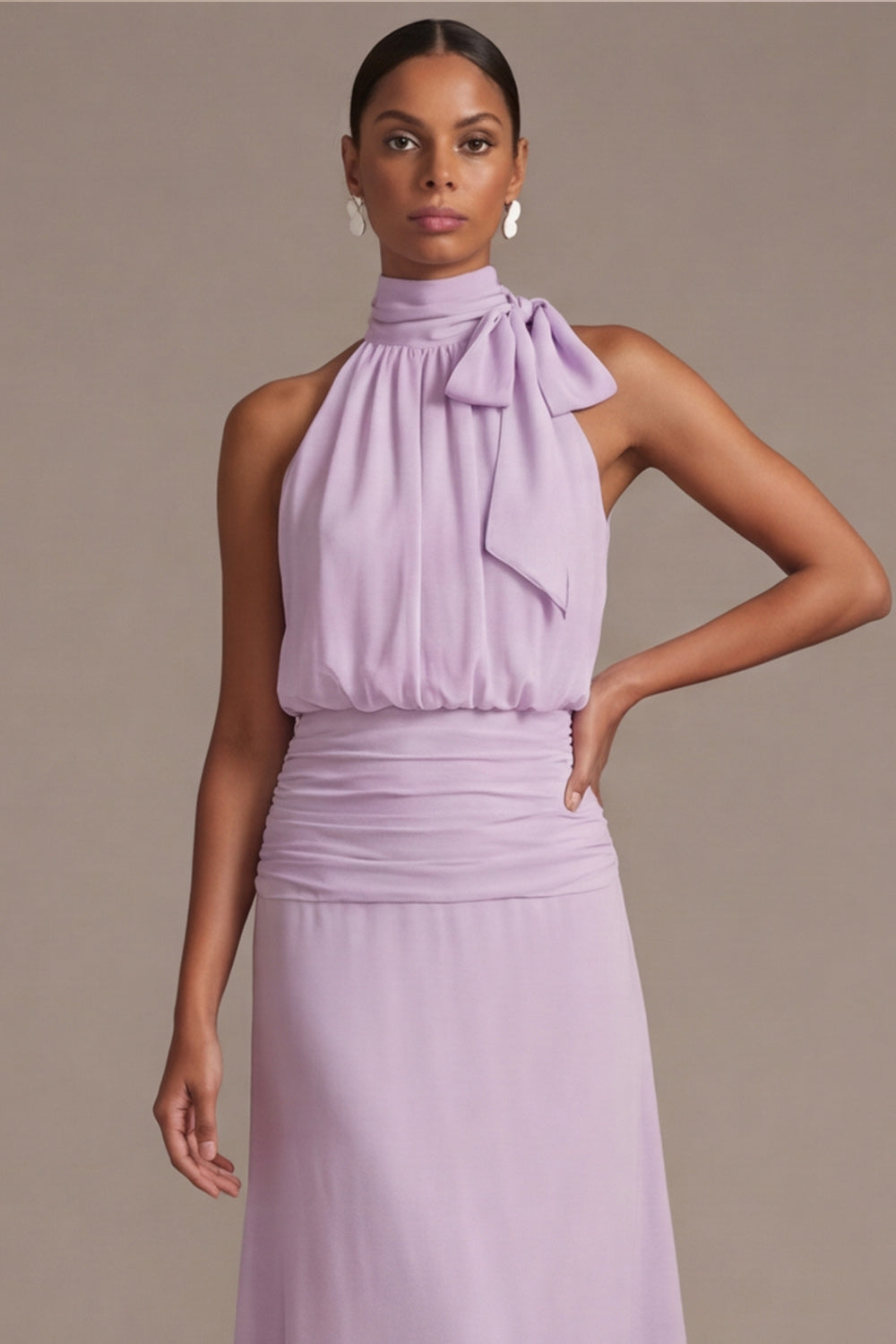 Robe Longue de Demoiselle d'Honneur Dusty Rose à Fleurs avec Nœud et Coupe Évasée