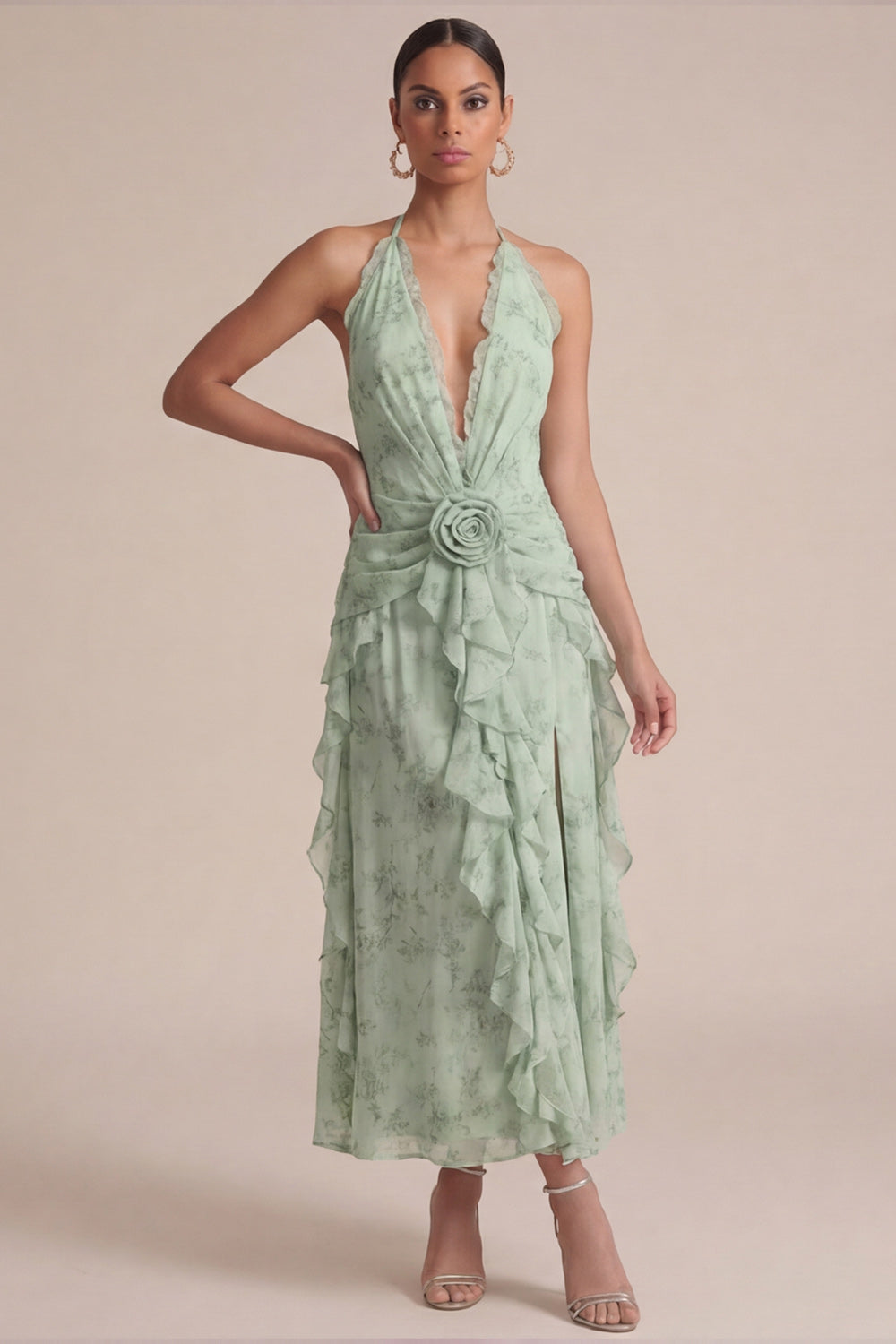 Sage Halter Printed Ruffled Midi Wedding Guest Dress with 3D Flowers