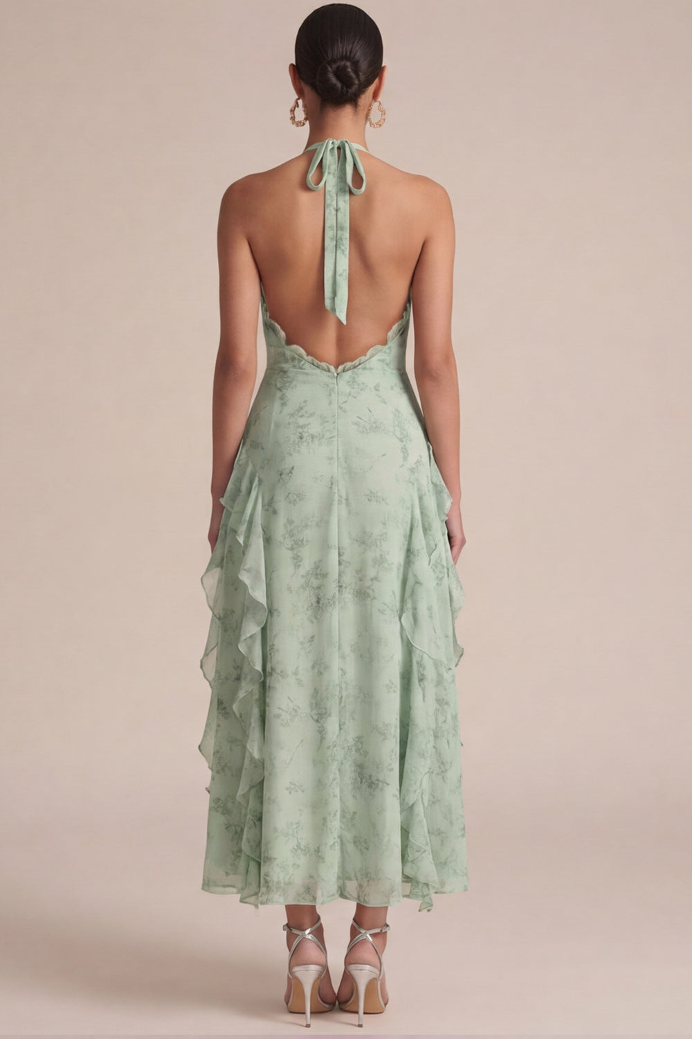 Sage Halter Printed Ruffled Midi Wedding Guest Dress with 3D Flowers