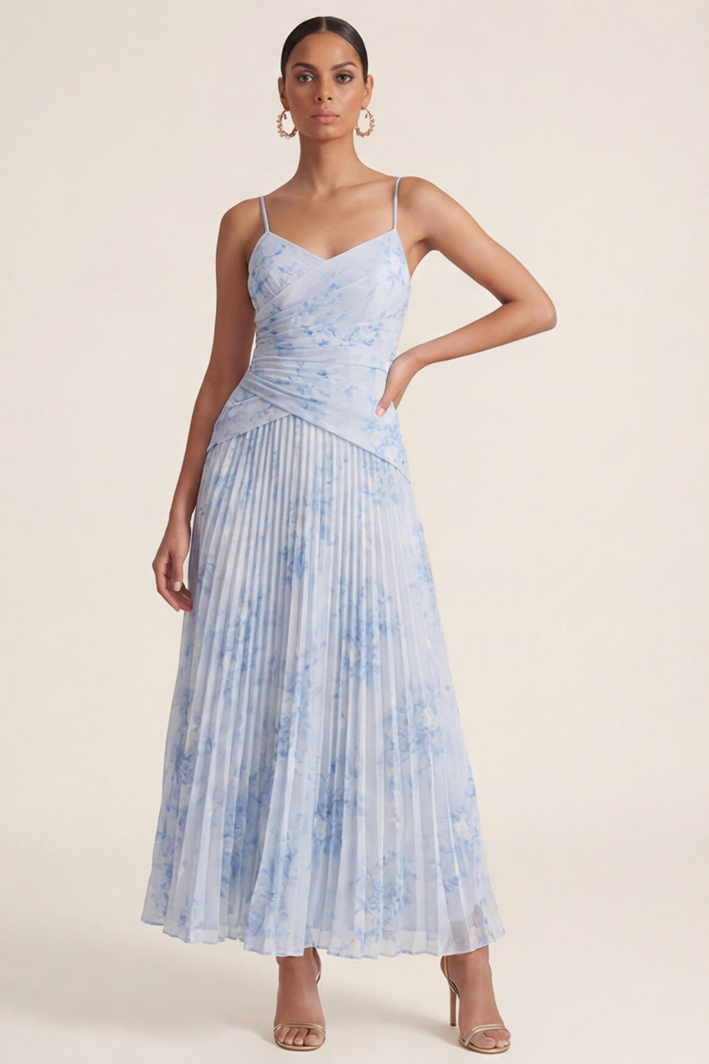 Light Blue A Line Pleated Spaghetti Straps Floral Dress
