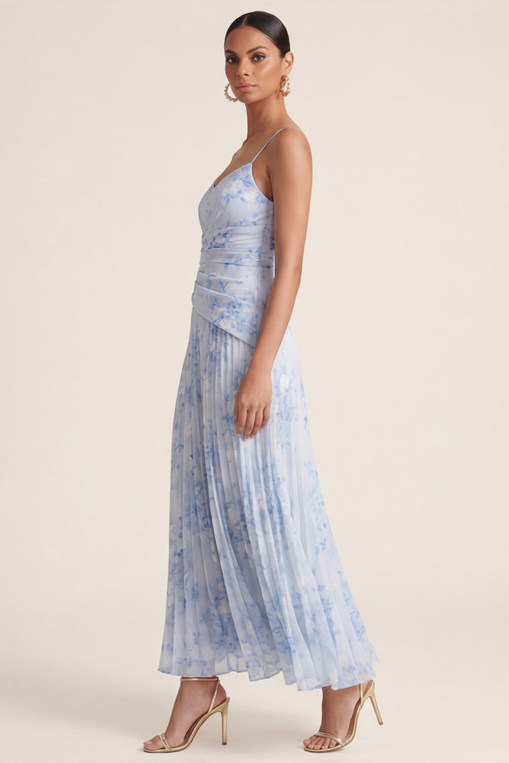 Light Blue A Line Pleated Spaghetti Straps Floral Dress
