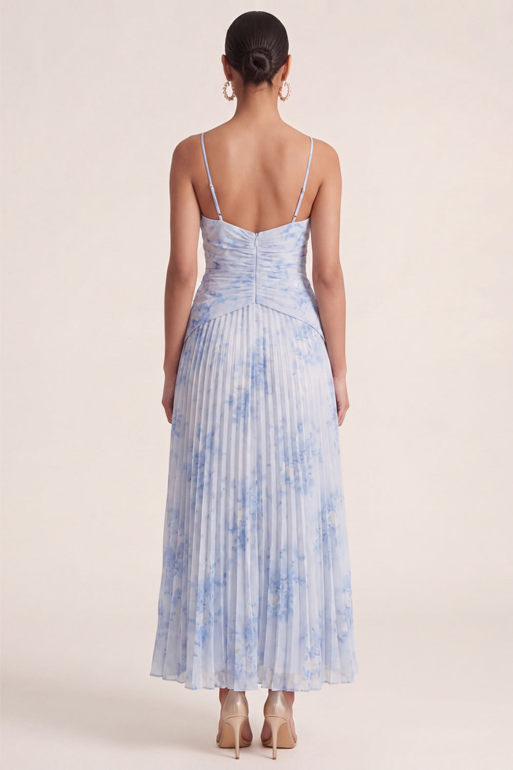 Light Blue A Line Pleated Spaghetti Straps Floral Dress