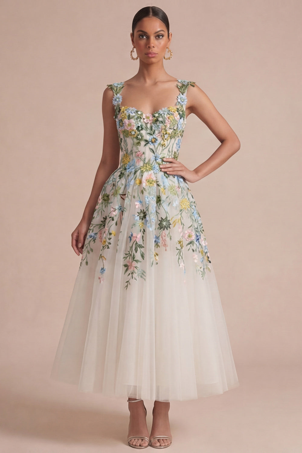 Robe midi corset évasée à col carré et motifs floraux blancs