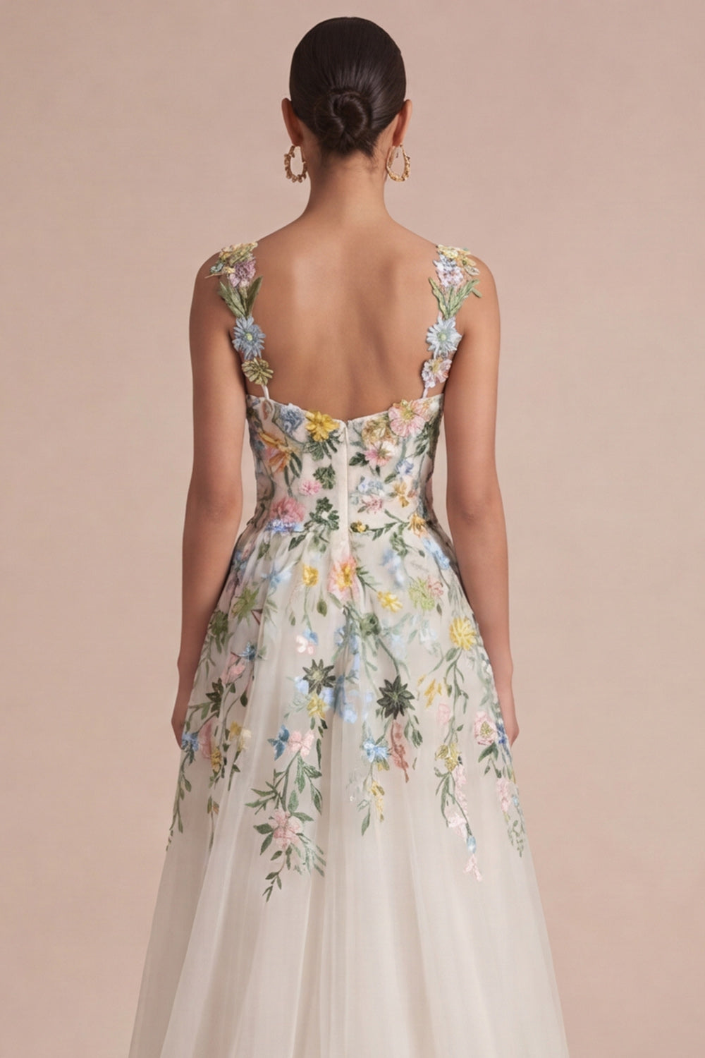 Robe midi corset évasée à col carré et motifs floraux blancs