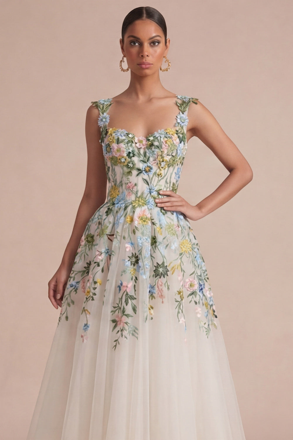 Robe midi corset évasée à col carré et motifs floraux blancs