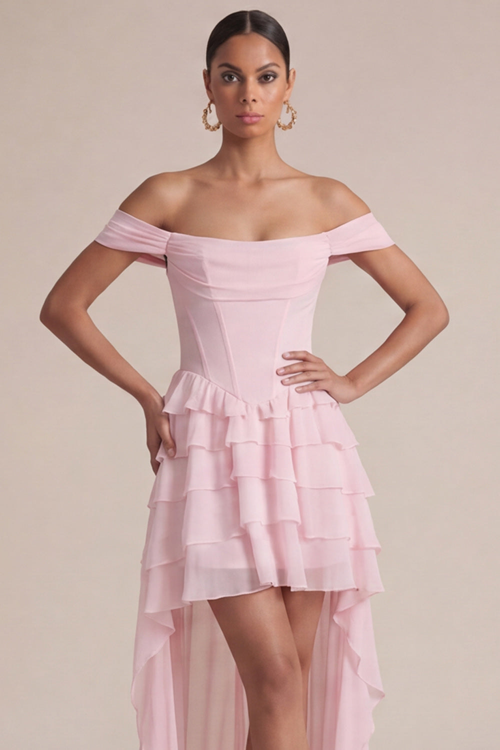Off-the-Shoulder Pink A-Line Ruffled Corset Wedding Guest Dress