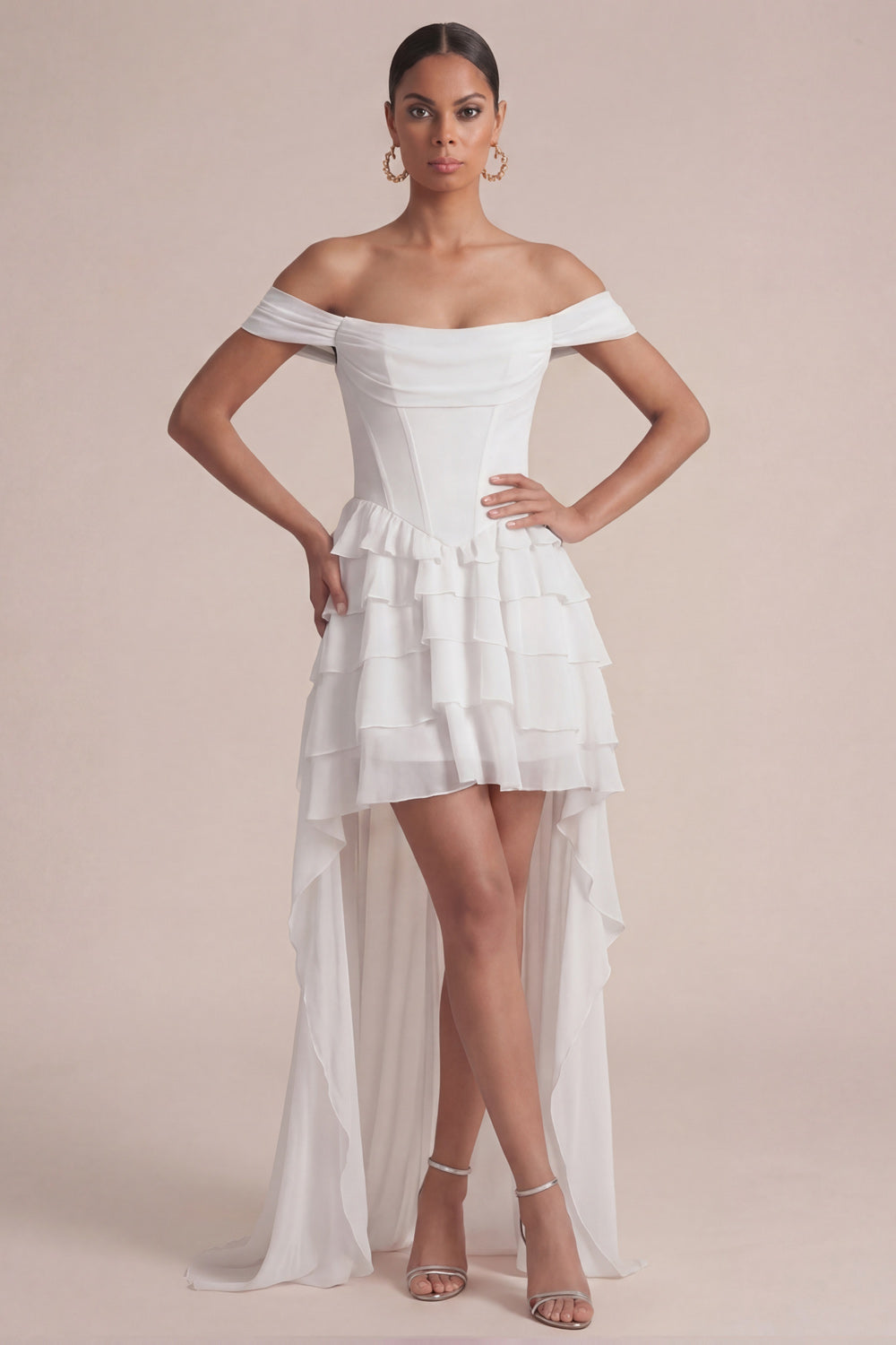 Off-the-Shoulder Pink A-Line Ruffled Corset Wedding Guest Dress