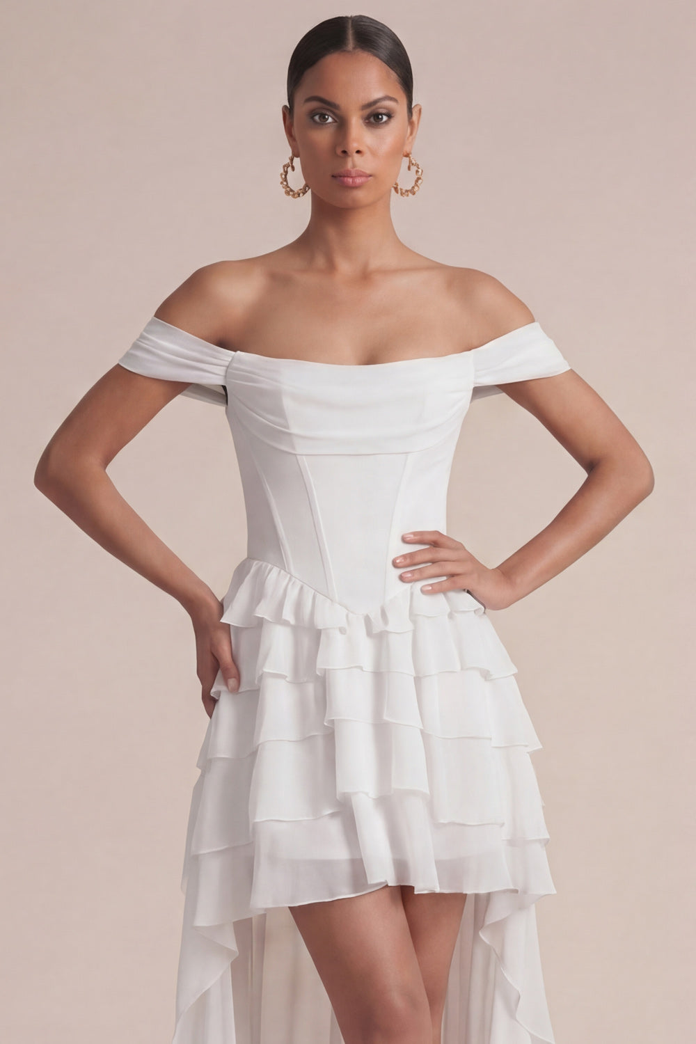 Off-the-Shoulder Pink A-Line Ruffled Corset Wedding Guest Dress
