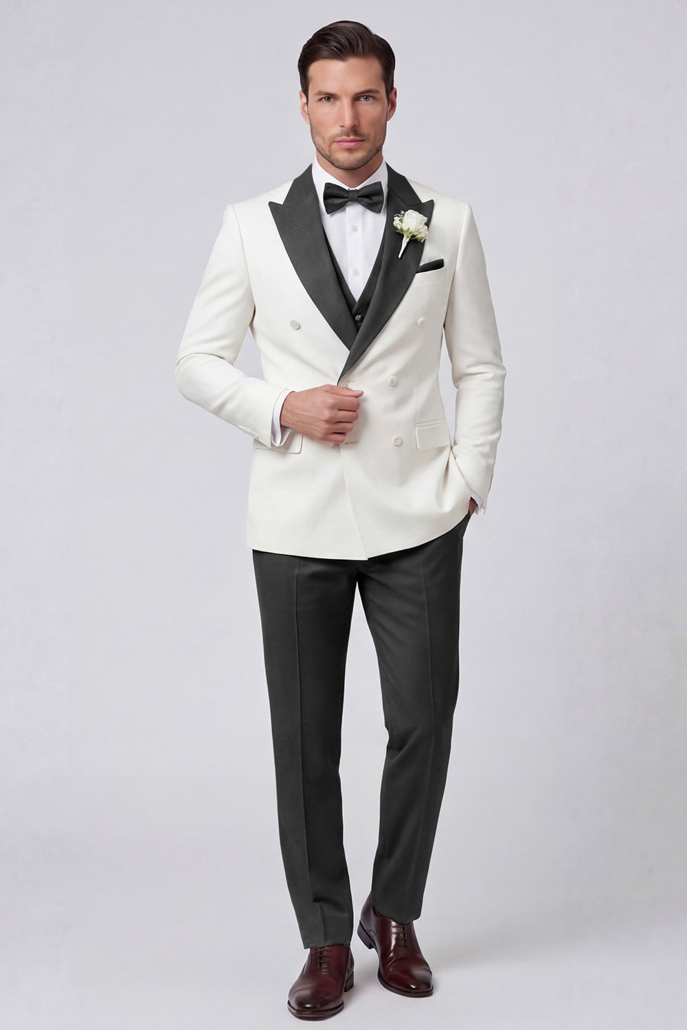 Double Breasted 3 Piece Black Peak Lapel Men's Prom Suits