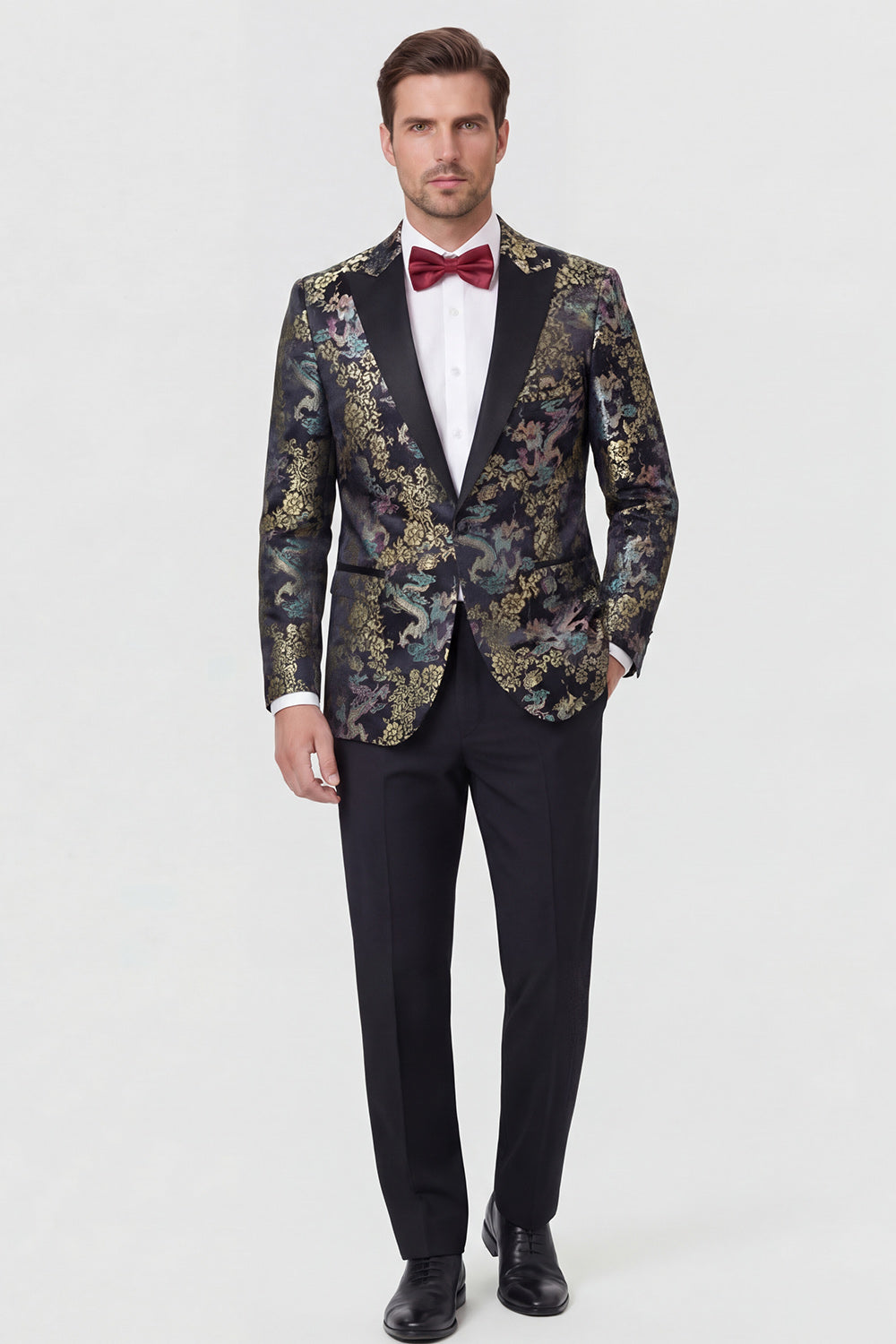 Red 2-piece Peaked Lapel One Button Jacquard Men's Prom Suits