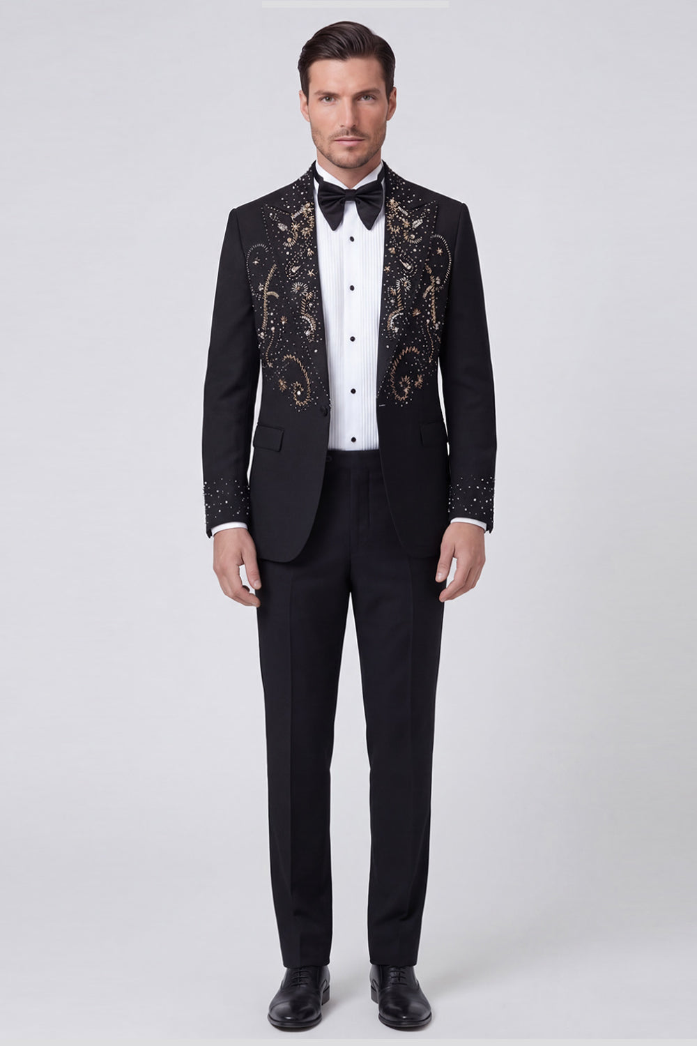 Blazer Homme Noir à un Bouton, Col à Revers Cranté et Perlé