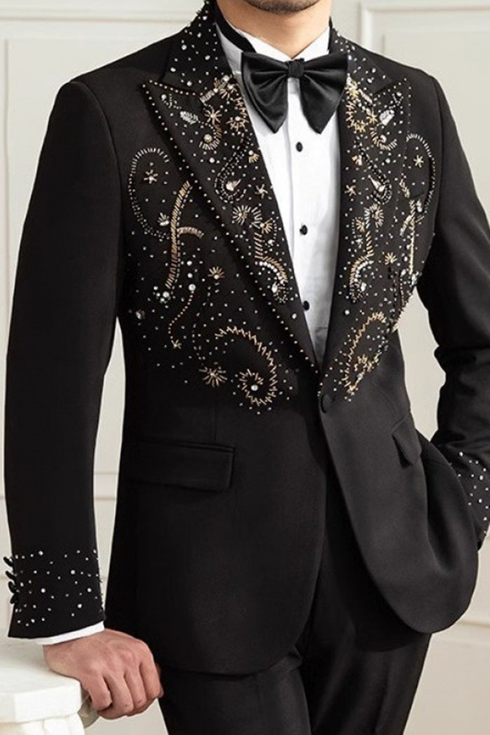 Blazer Homme Noir à un Bouton, Col à Revers Cranté et Perlé