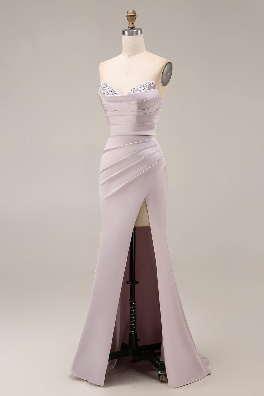 Satin Mermaid Light Purple Sweetheart Ruched Beaded Long Prom Dress with Slit