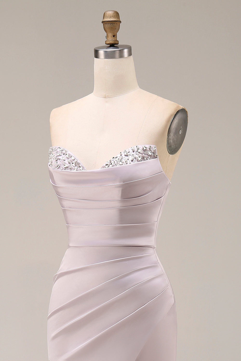Satin Mermaid Light Purple Sweetheart Ruched Beaded Long Prom Dress with Slit
