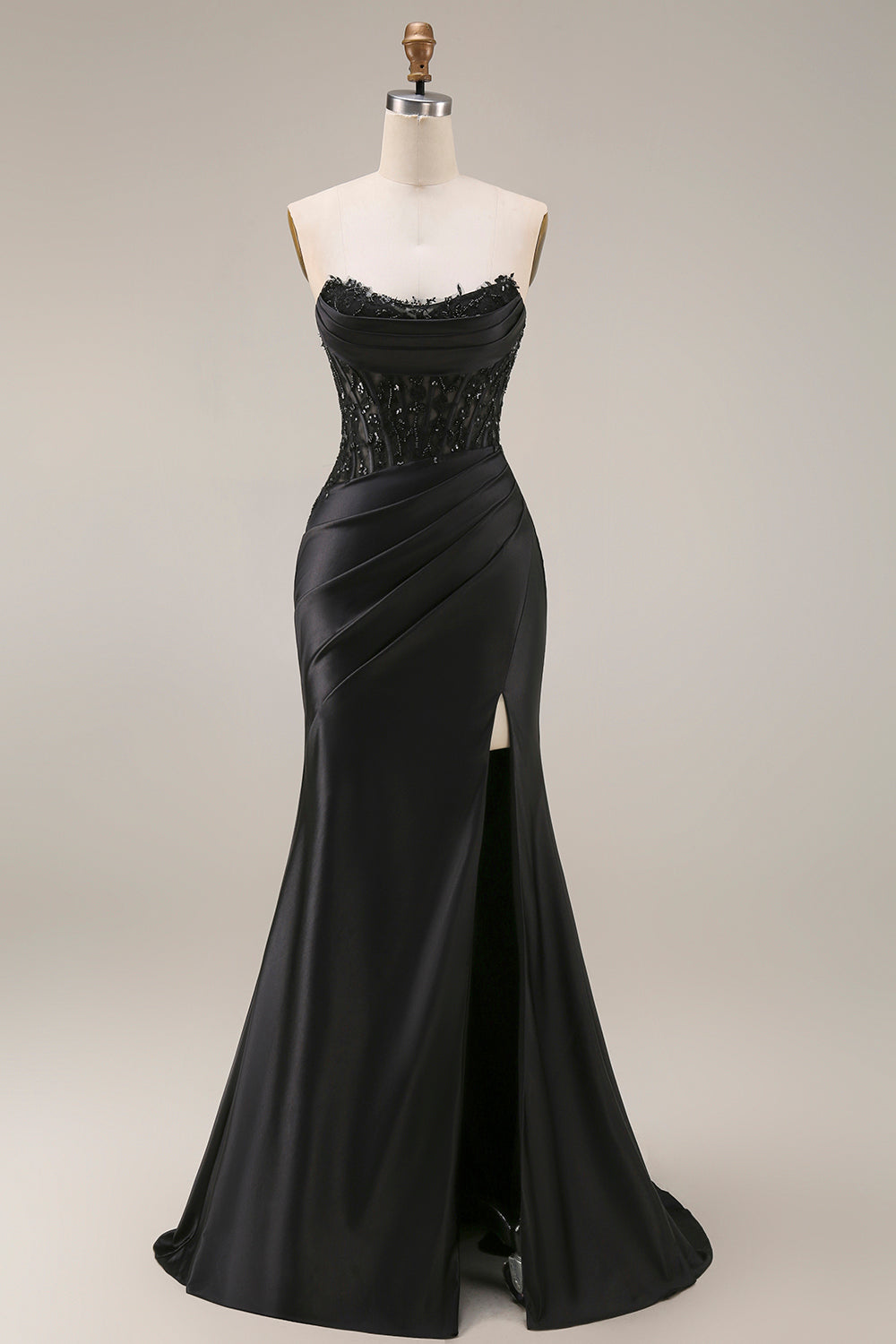 Satin Mermaid Black Sweetheart Sheer Corset Ruched Beaded Long Prom Dress with Slit