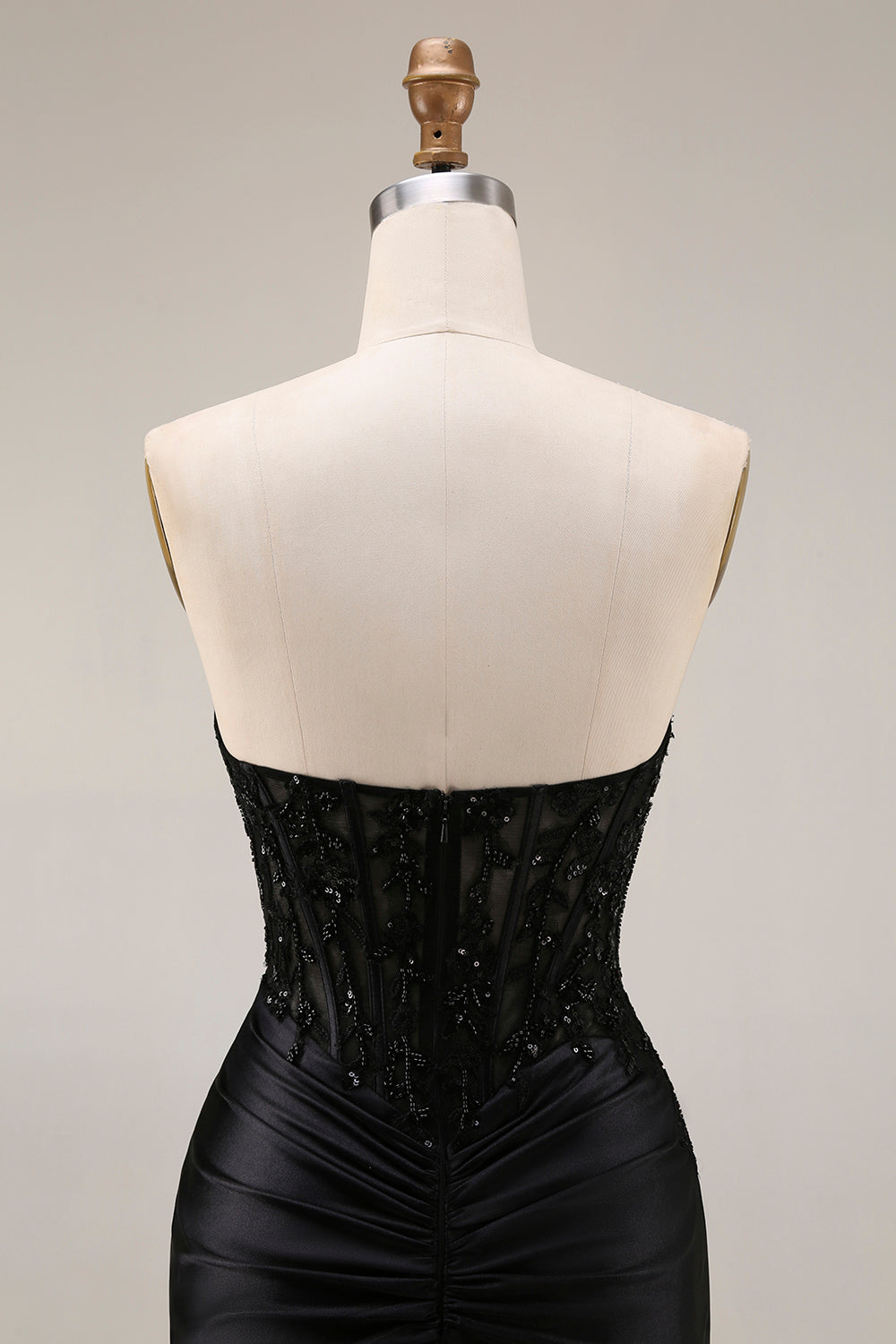 Satin Mermaid Black Sweetheart Sheer Corset Ruched Beaded Long Prom Dress with Slit