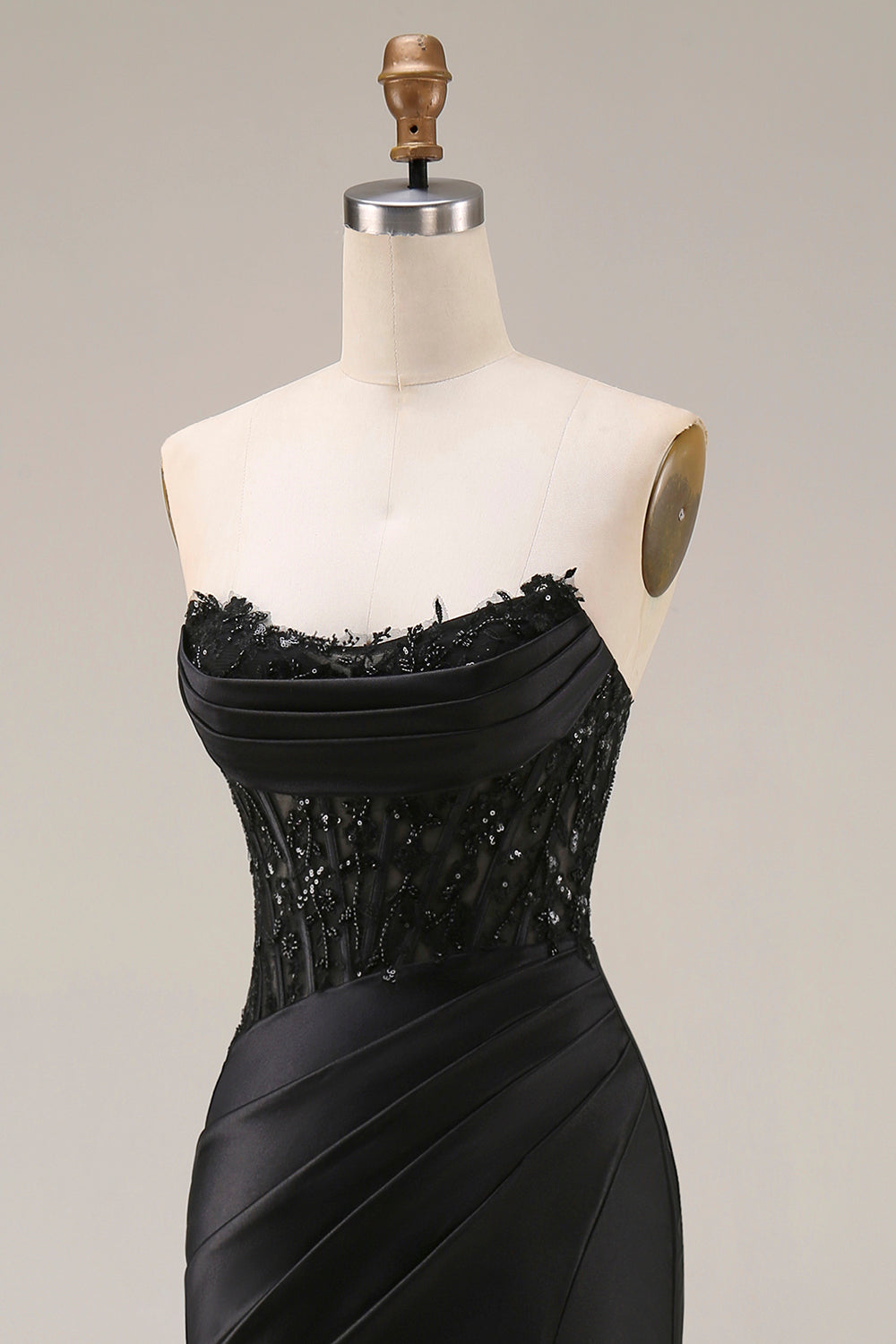Satin Mermaid Black Sweetheart Sheer Corset Ruched Beaded Long Prom Dress with Slit
