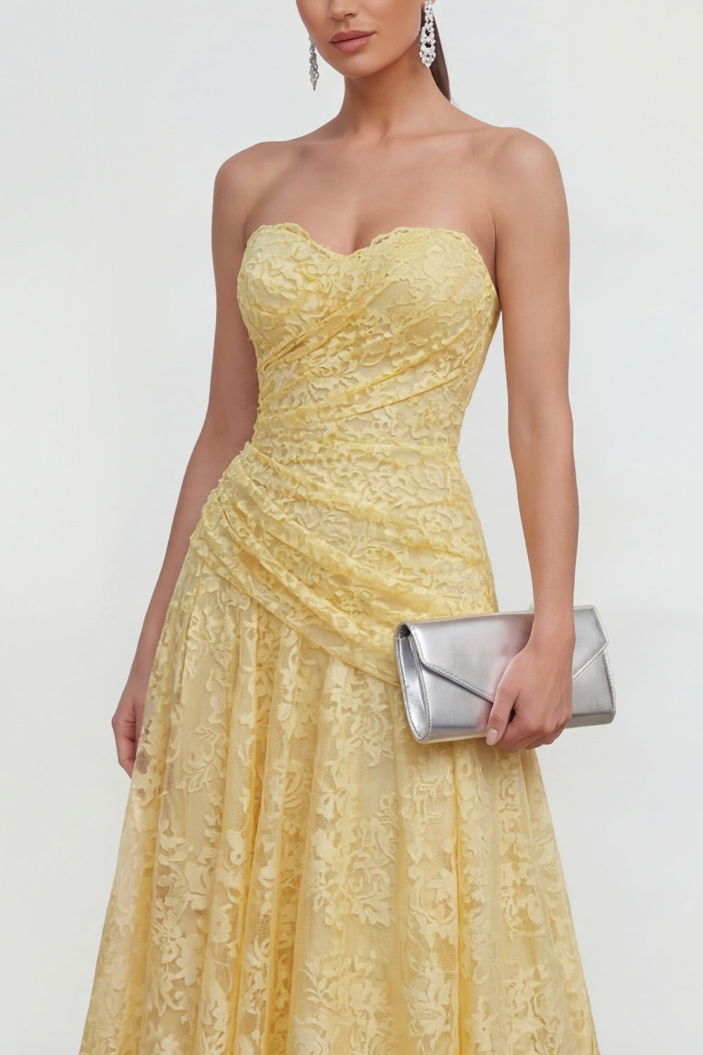 Yellow Sweetheart Ruched Lace Midi Dress