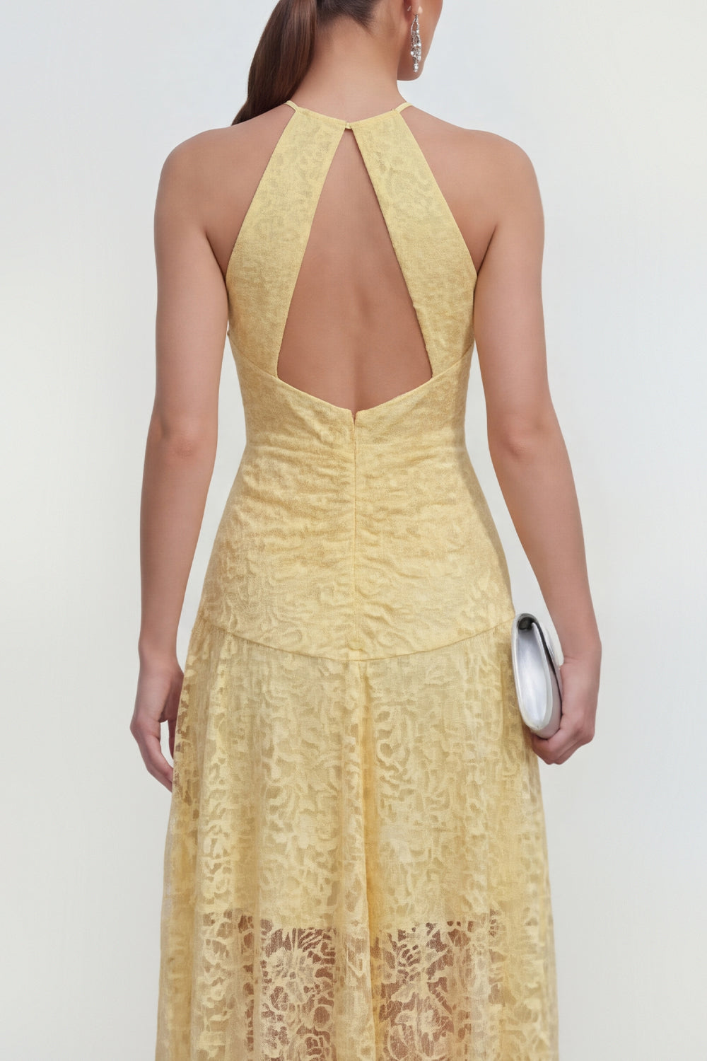 Yellow Lace A-Line Halter Asymmetrical Midi Dress with Keyhole