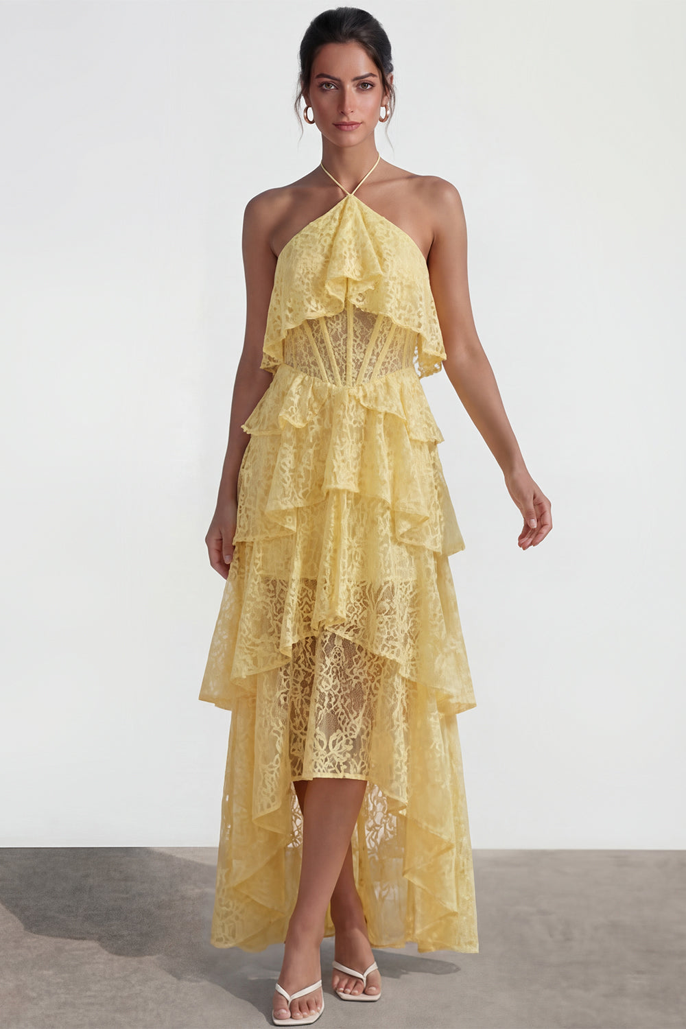 Yellow Lace A-Line Asymmetrical Corset Tiered Wedding Guest Dress with Ruffles