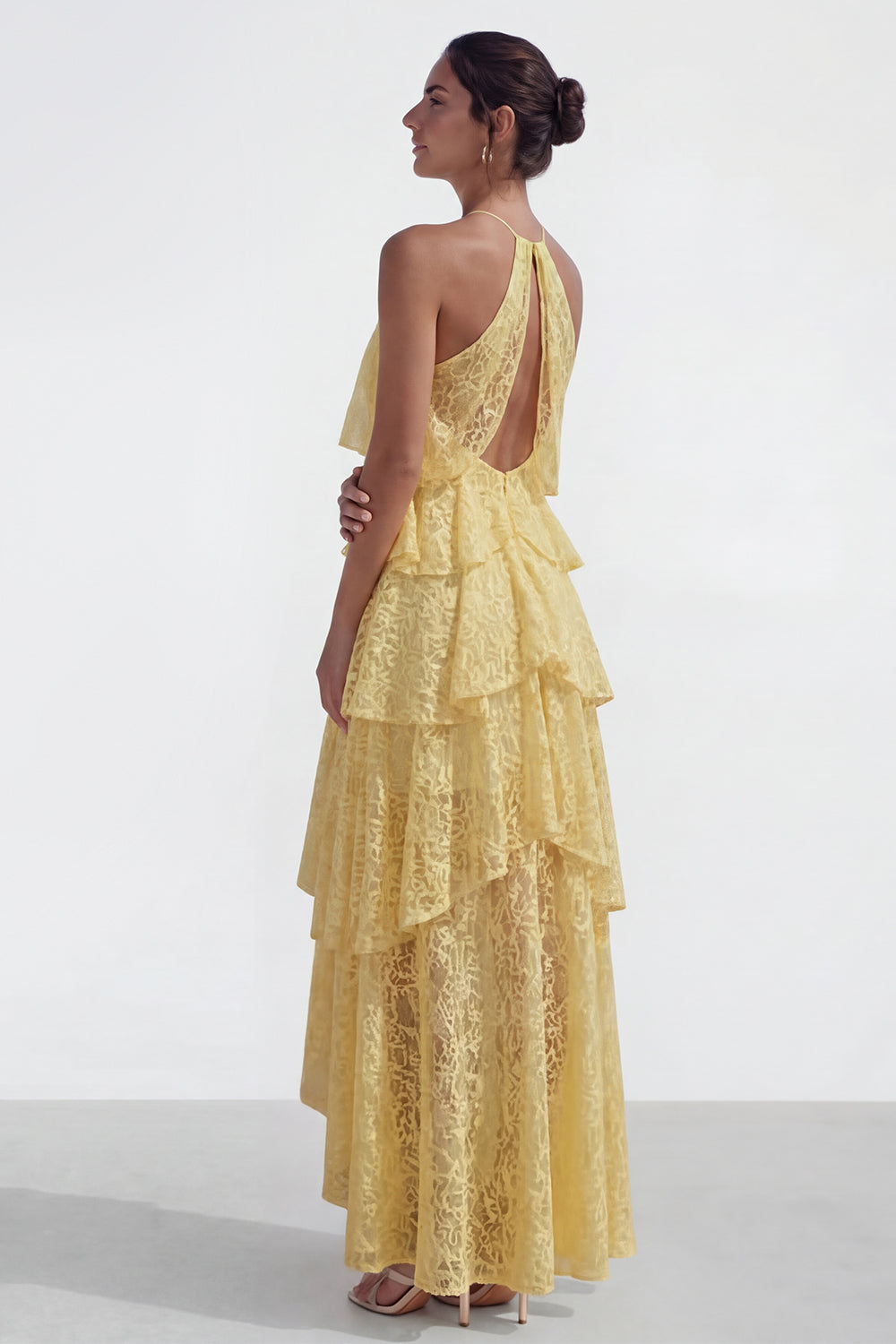 Yellow Lace A-Line Asymmetrical Corset Tiered Wedding Guest Dress with Ruffles