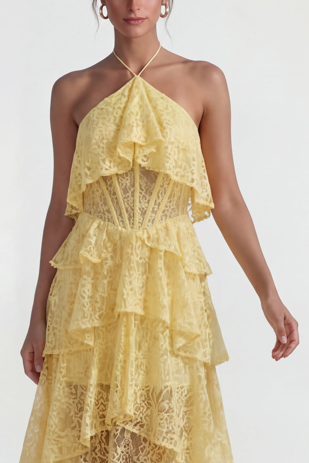 Yellow Lace A-Line Asymmetrical Corset Tiered Wedding Guest Dress with Ruffles