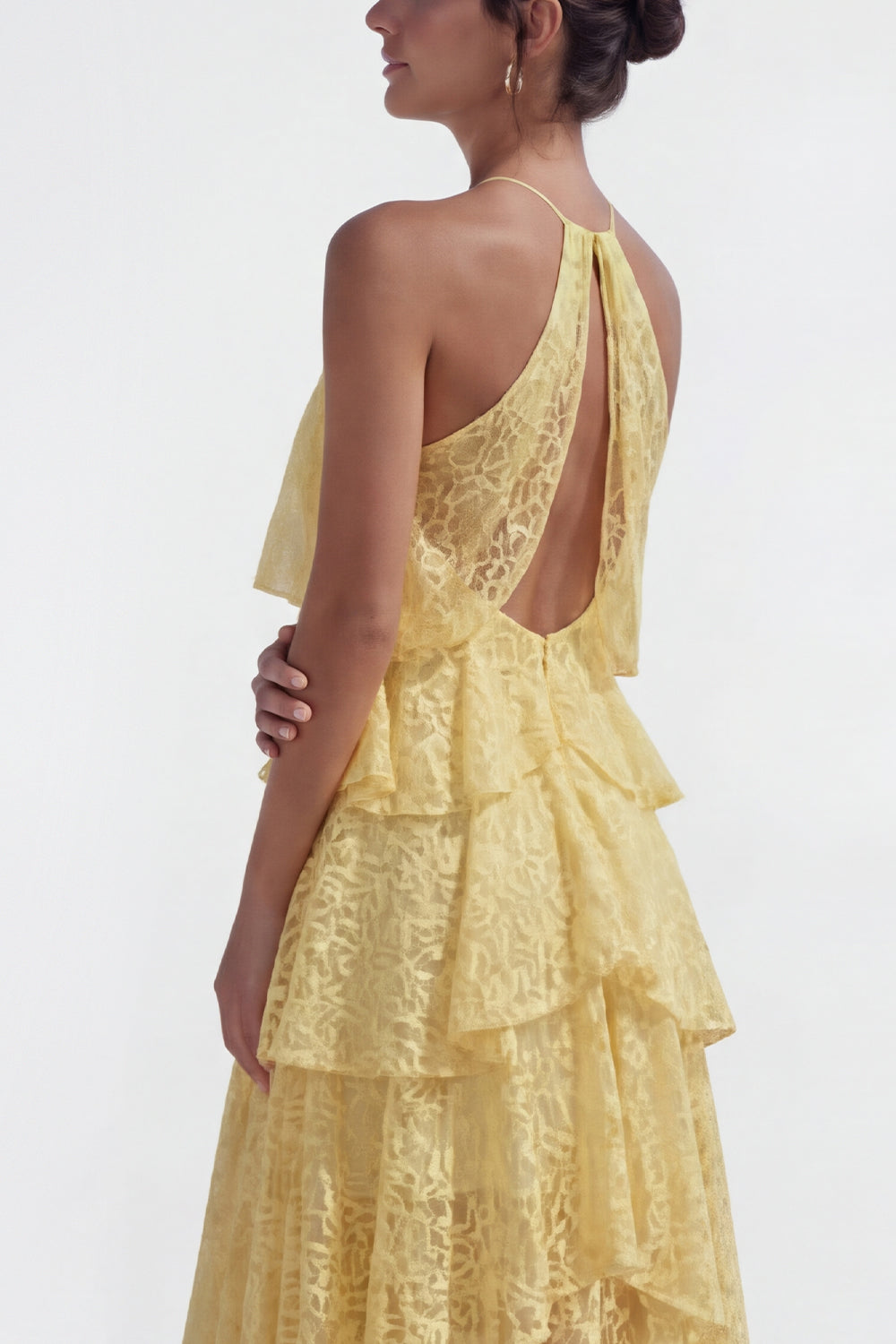 Yellow Lace A-Line Asymmetrical Corset Tiered Wedding Guest Dress with Ruffles