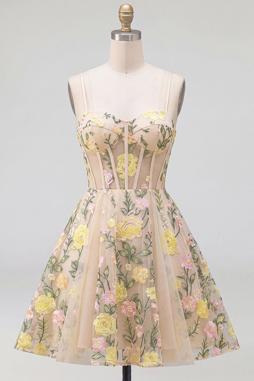 Champagne A Line Tulle Embroidered Corset Mini Cocktail Dress