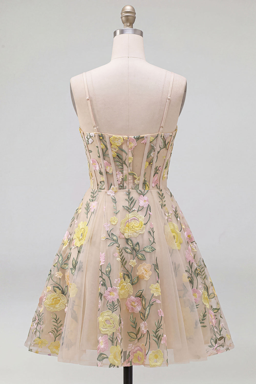 Champagne A Line Tulle Embroidered Corset Mini Cocktail Dress