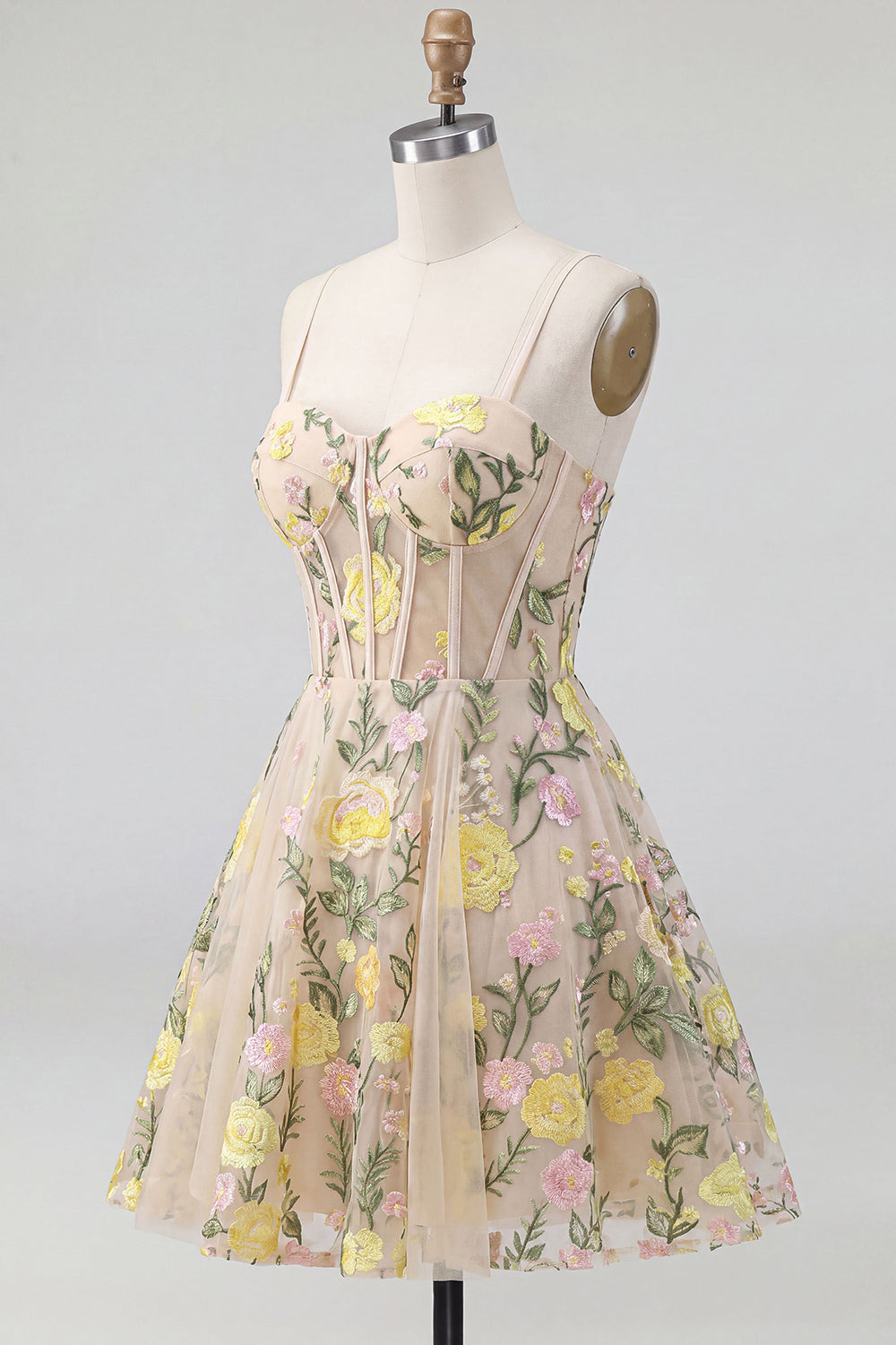 Champagne A Line Tulle Embroidered Corset Mini Cocktail Dress