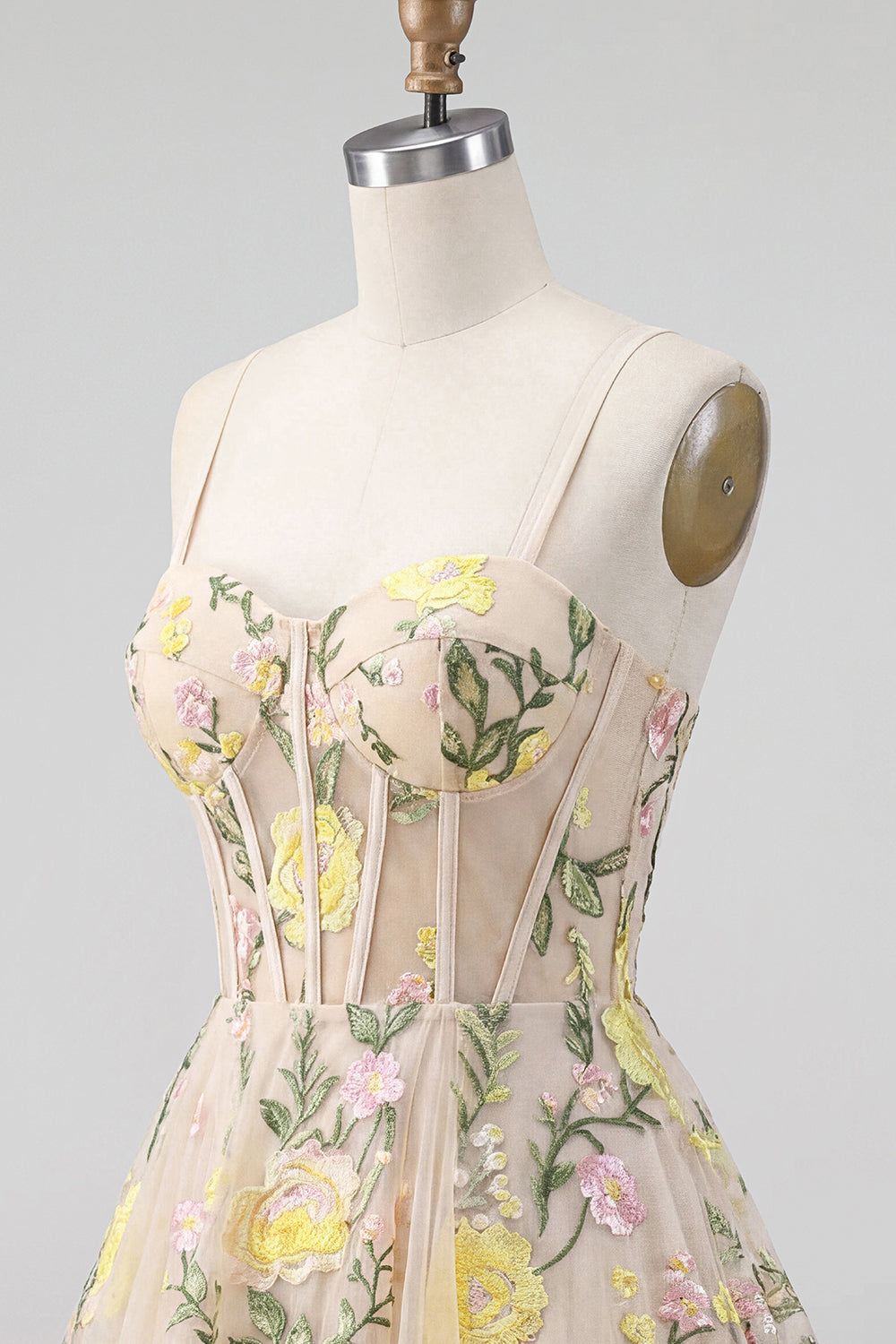Champagne A Line Tulle Embroidered Corset Mini Cocktail Dress