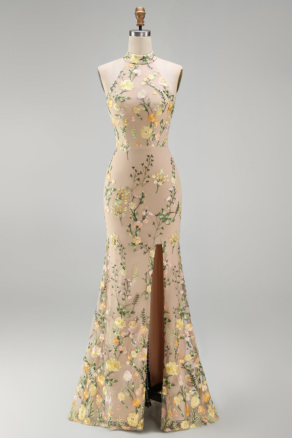 Mermaid Champagne Halter Neck Embroidered Long Floral Dress with Slit