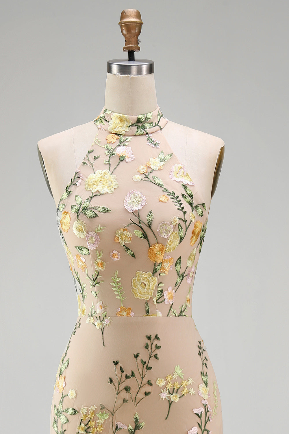 Mermaid Champagne Halter Neck Embroidered Long Floral Dress with Slit