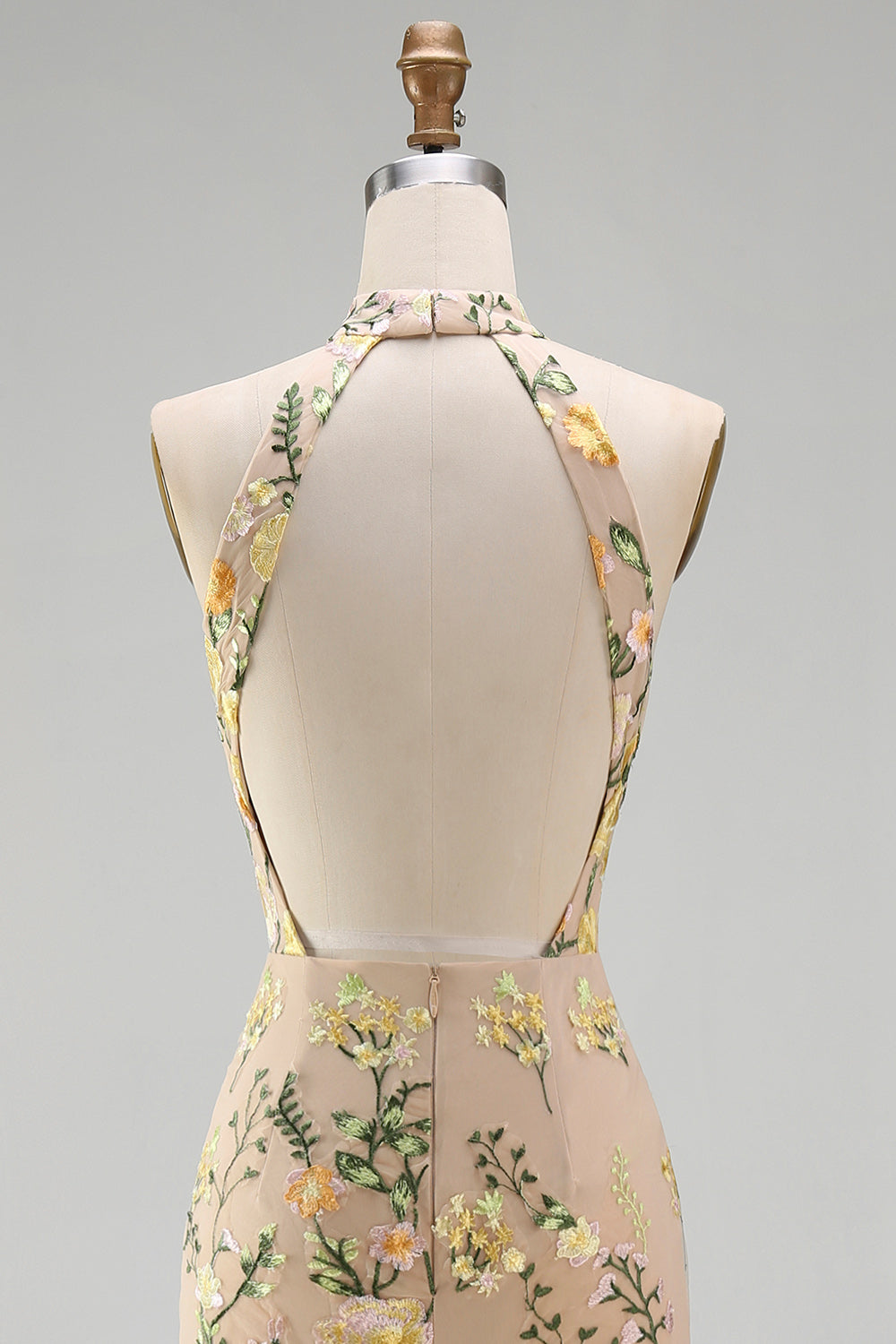 Mermaid Champagne Halter Neck Embroidered Long Floral Dress with Slit