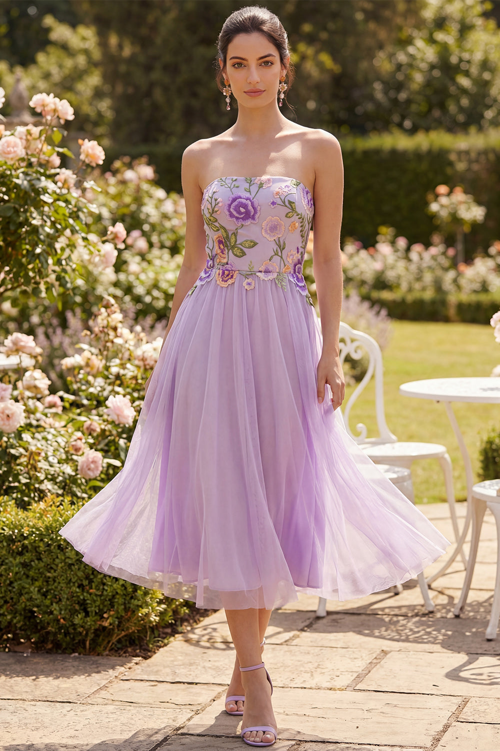 Strapless Lilac Tulle A-Line Embroidered Floral Midi Dress