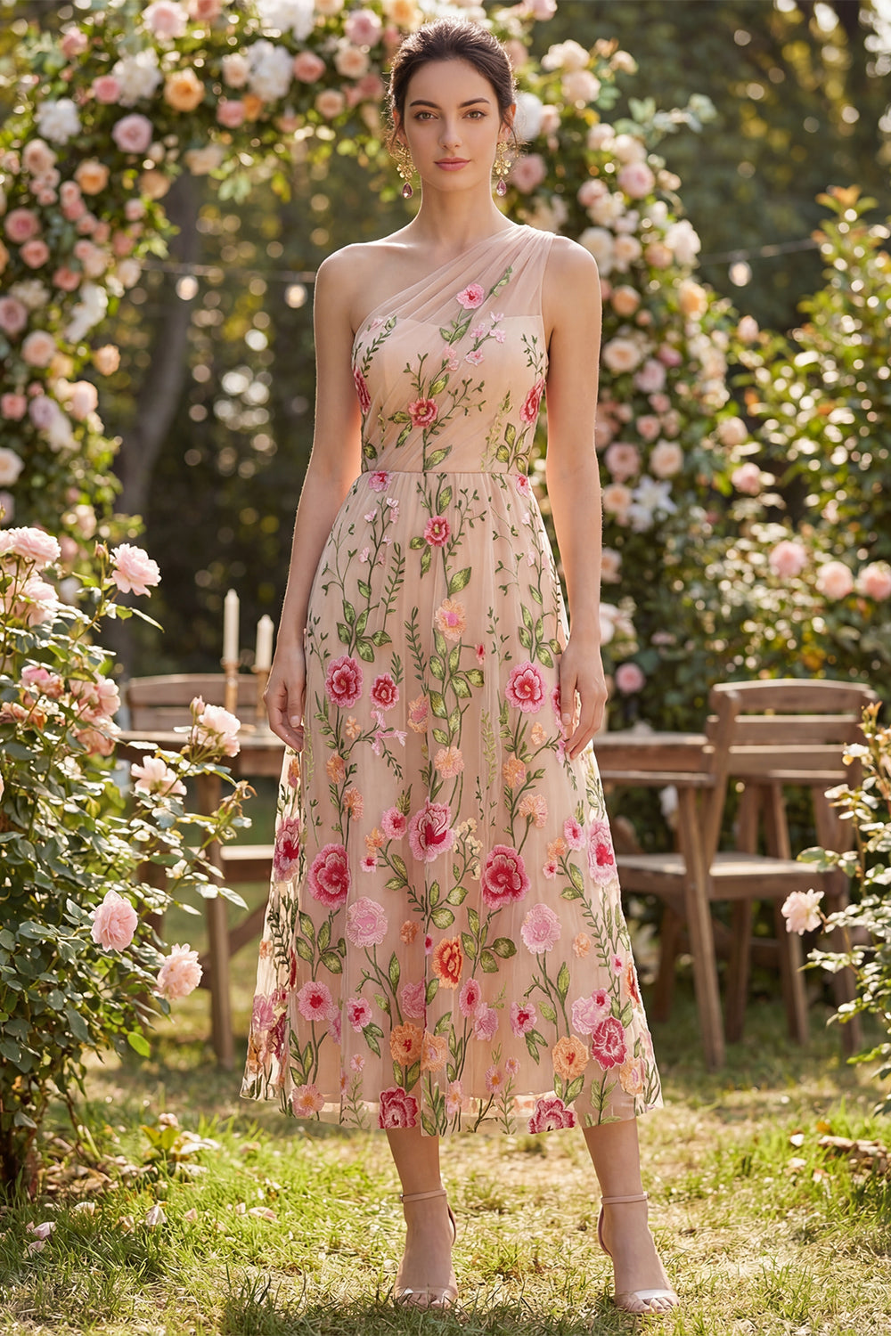 Tulle One Shoulder A-Line Blush Embroidered Floral Midi Dress