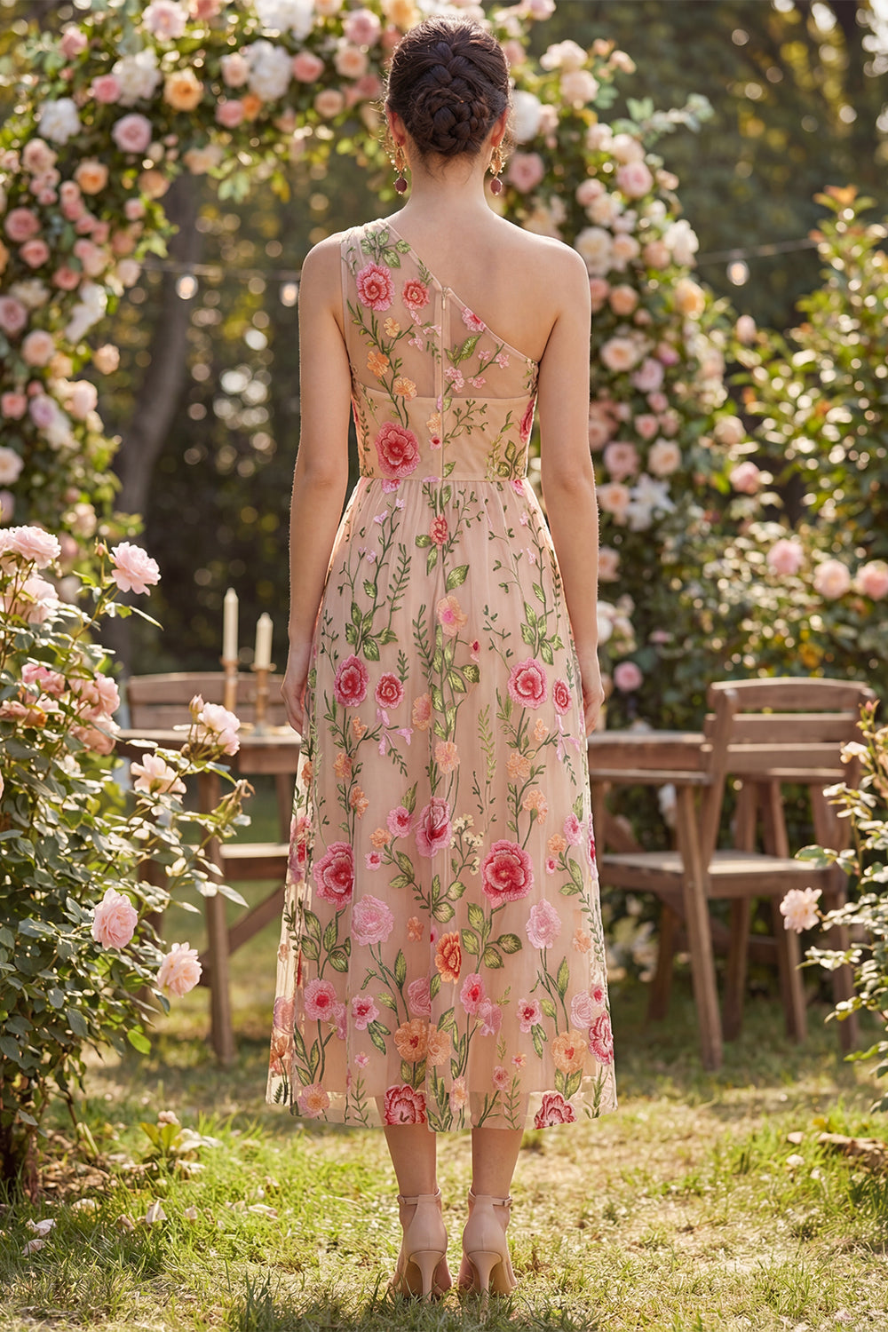 Tulle One Shoulder A-Line Blush Embroidered Floral Midi Dress