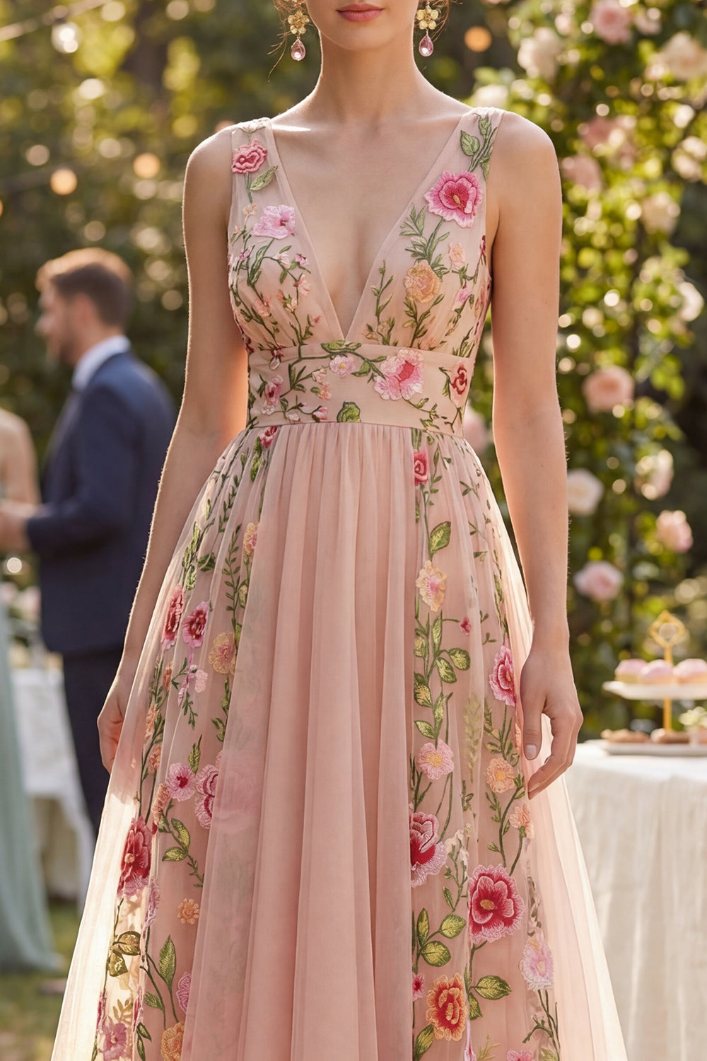 A-Line Tulle V-Neck Blush Embroidered Midi Floral Dress