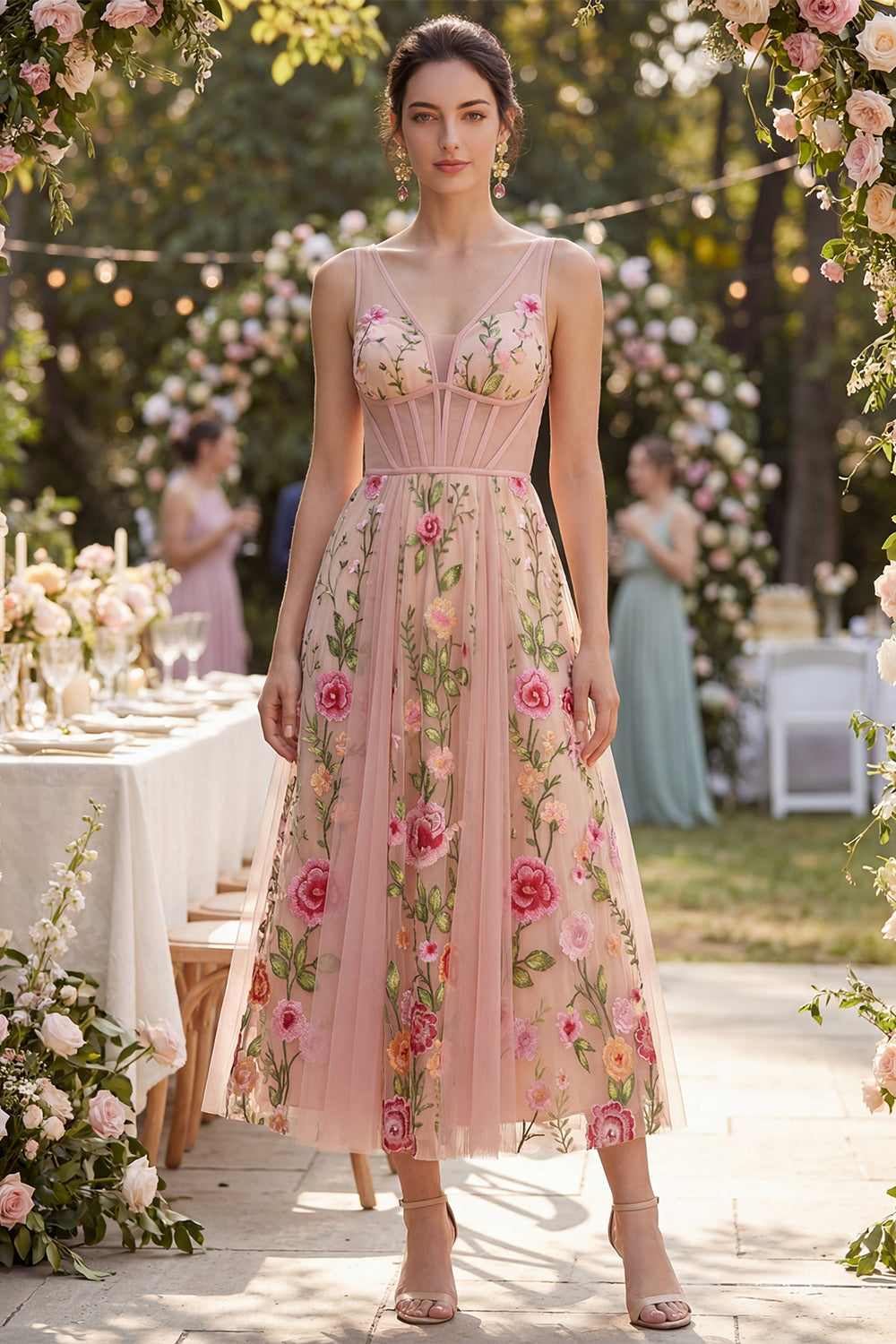 Blush A-Line Embroidered Tulle V-Neck Corset Floral Midi Dress